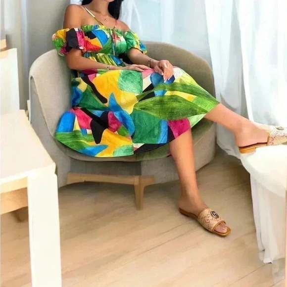 H&M Floral Puff Sleeve Maxi Dress Off-Shoulder Green Linen Blend Cottagecore M - Picture 8 of 11